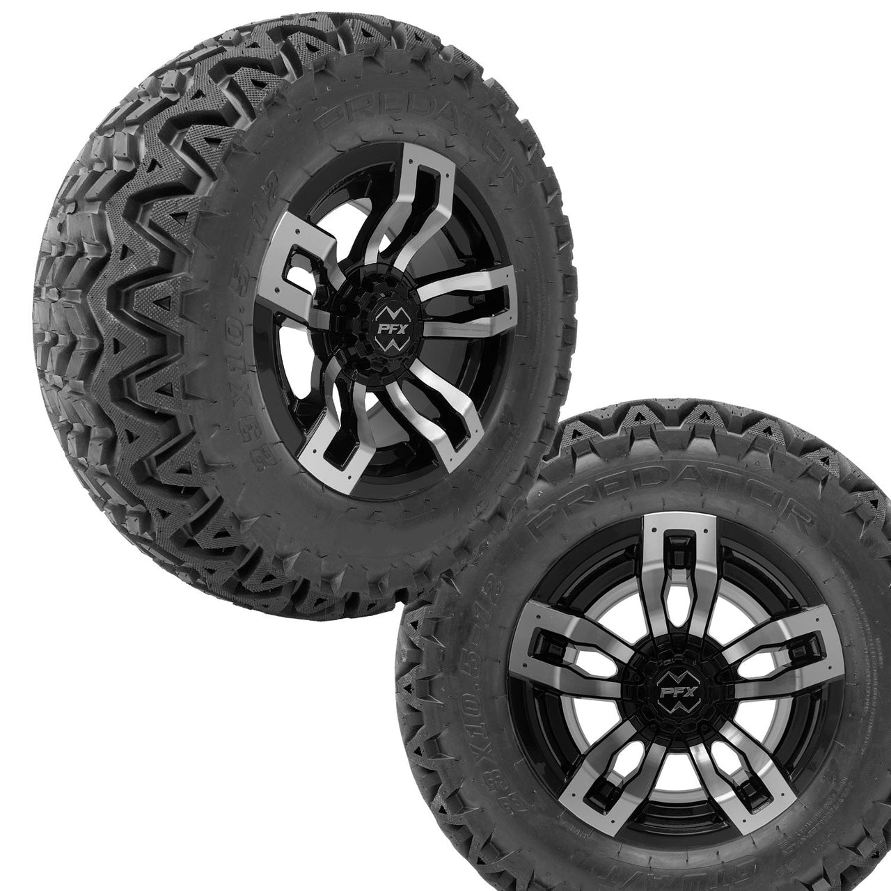 12" Velocity Machined/Black Wheels on 23x10x12 A/T Tires (Set of 4) Golf Cart
