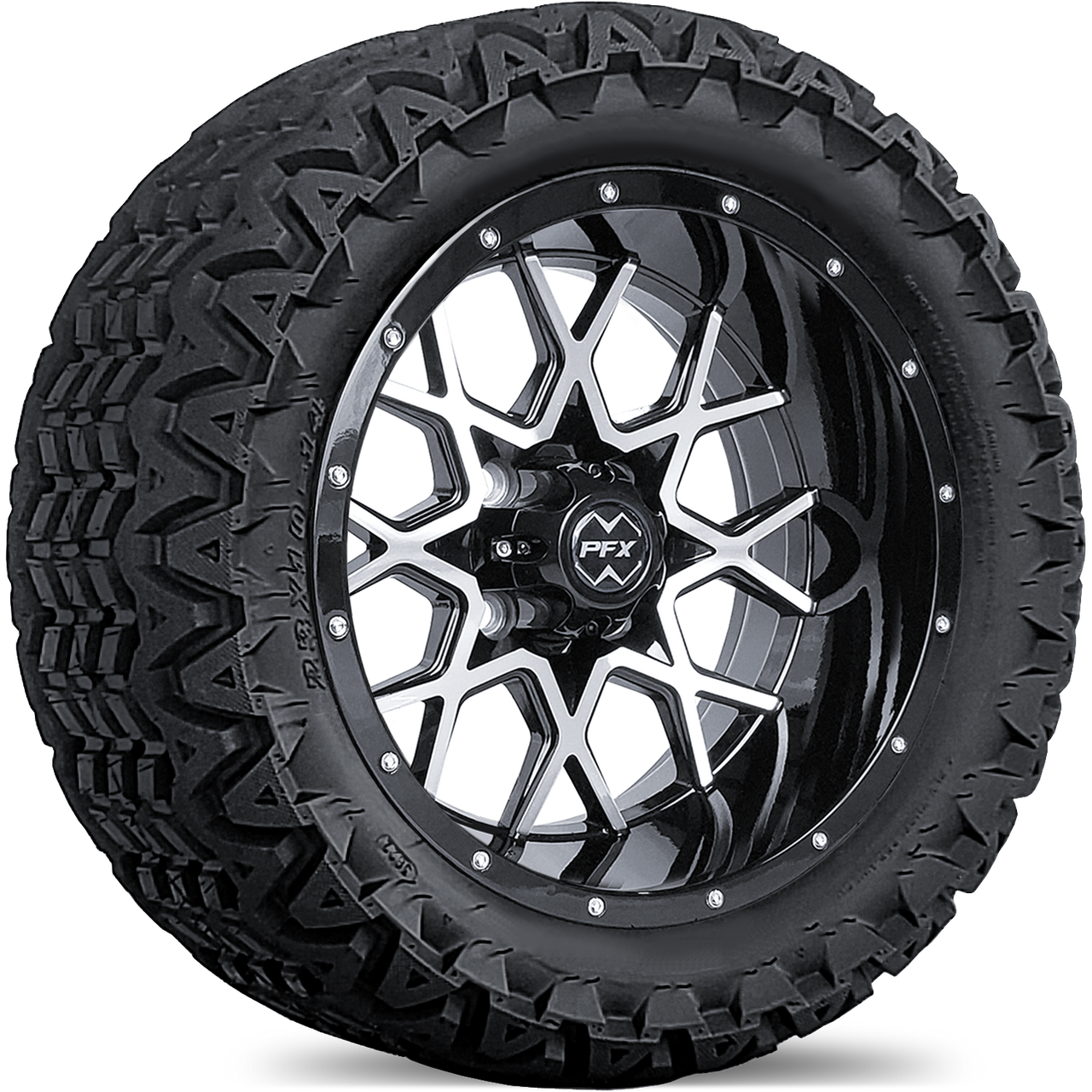 14" CHAOS Machined/Black Wheels on 23x10x14 Off-Road Tires (Set of 4)