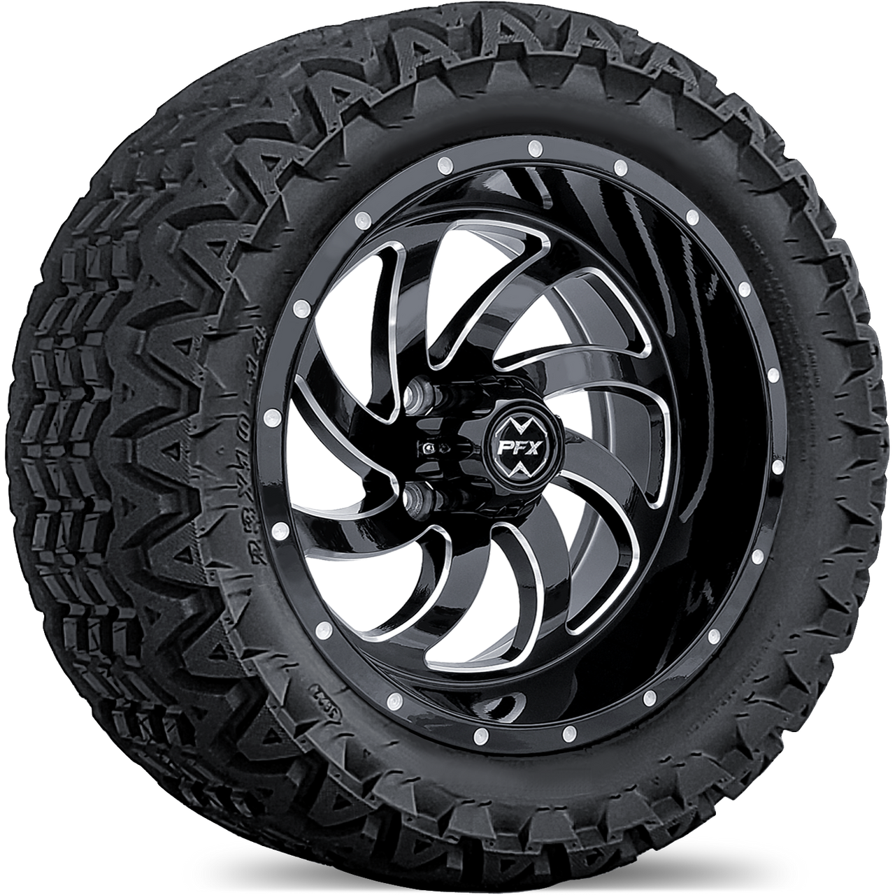 14" PHANTOM Gloss Black/Machined Wheels on 23x10x14 Off-Road Tires (Set of 4)