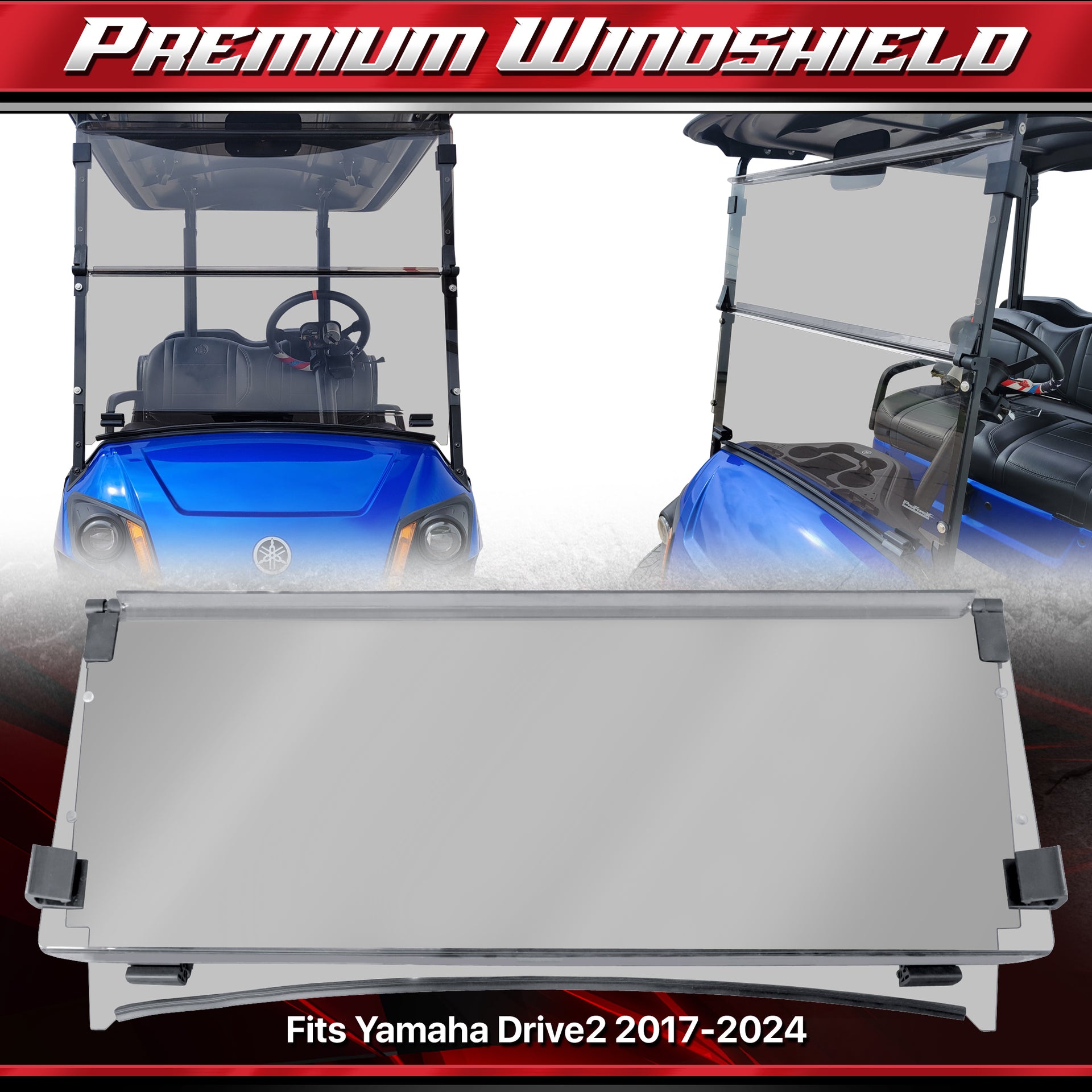 Yamaha Drive2 golf cart with ProFormX Kingzilla HD tinted windshield installed